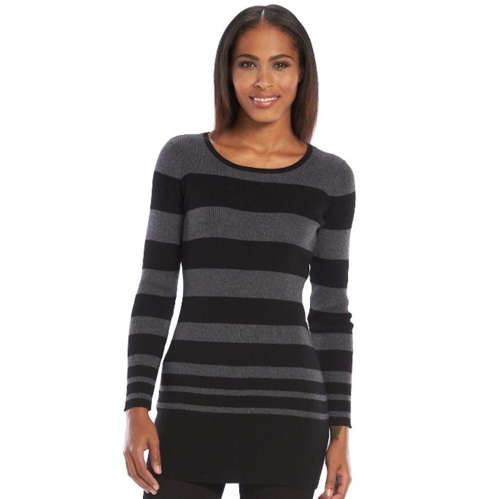 AB Studio black and gray striped, scoop neck sweater dress. Sz. Small.